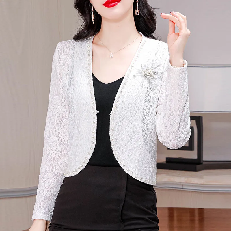 Mulheres jaquetas novo verão manga longa jaqueta feminina balck rendas com decote em v miçangas casaco feminino outerwears jaqueta feminina q3629