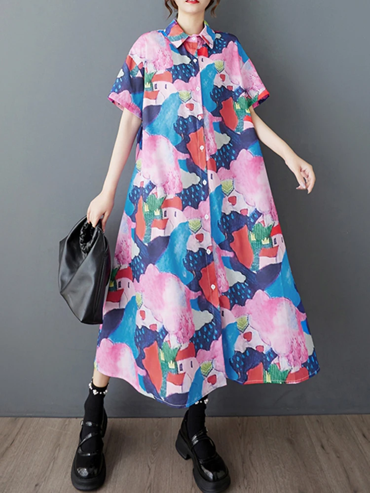 XITAO, vestido camisero Irregular con estampado holgado, informal, corte en A, un solo pecho, vestido de verano de manga corta con cuello vuelto para mujer ZMY1136