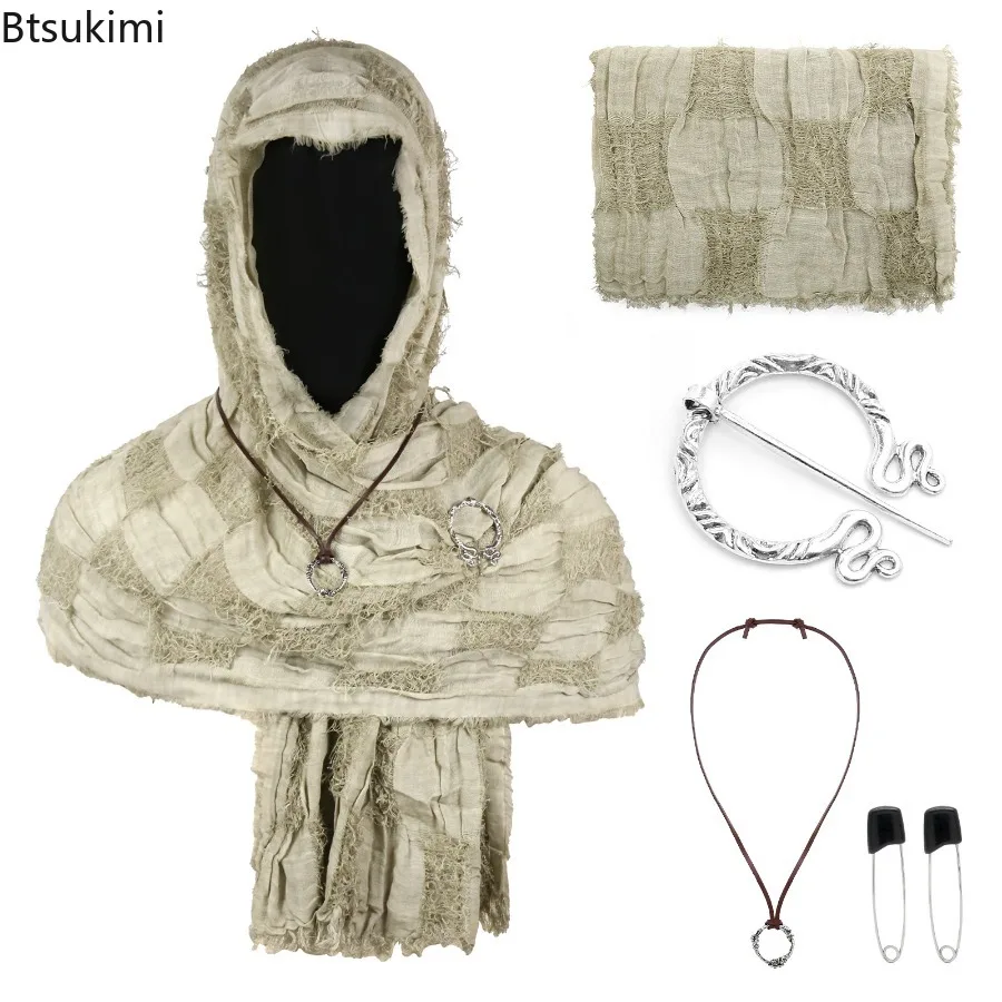 Tattered Medieval Rogue Hooded Shawl Scarf Viking Brooch Distressed Cowl Cloak Renaissance Halloween Party Cosplay Accessories