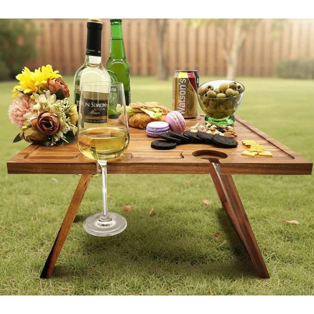 

Portable Acacia Wood Wine Picnic Table Foldable Charcuterie Board Romantic Camping Gift