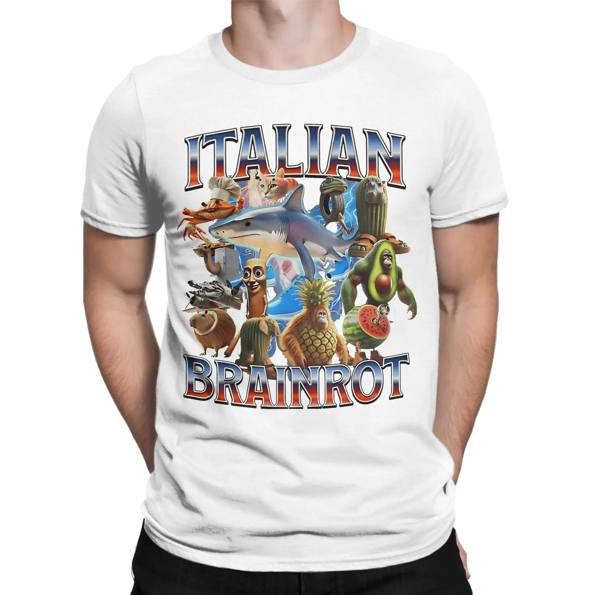 Funny Italian Brainrot Tung Tung Tung T-Shirt for Men Round Neck 100% Cotton T Shirt  Short Sleeve Tees Plus Size Tops
