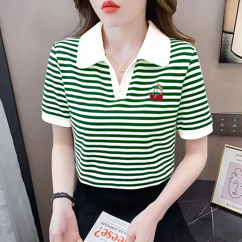 New Women Trendy Striped Print Patchwork Short Sleeve Polo T-shirt Summer Korean Style Casual Sweet Loose Tops Camisas Femininas