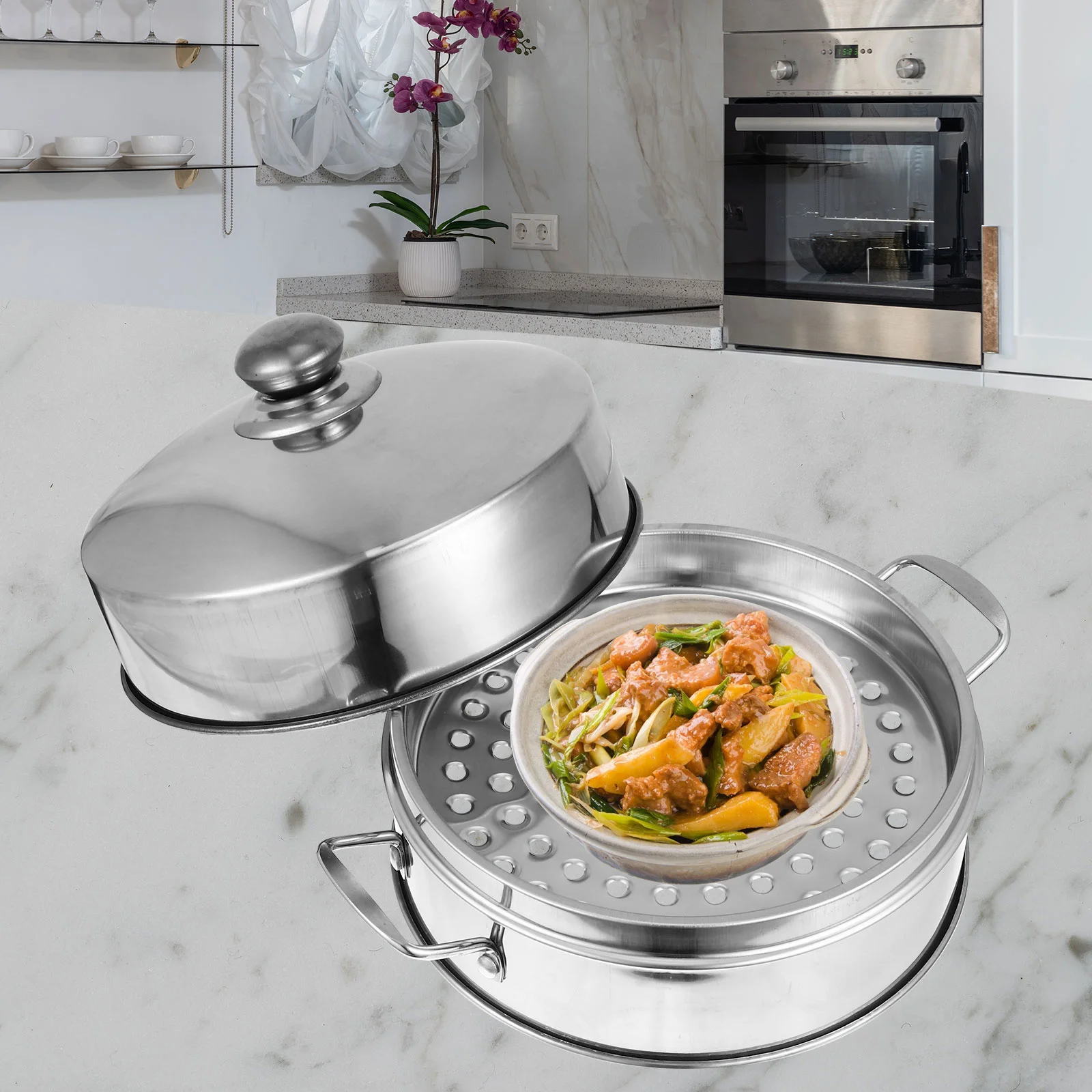 

1Set 24cm Stainless Steel Steamer Multi-Functional Kitchen Cookware Smooth Surface Lid Easy Clean