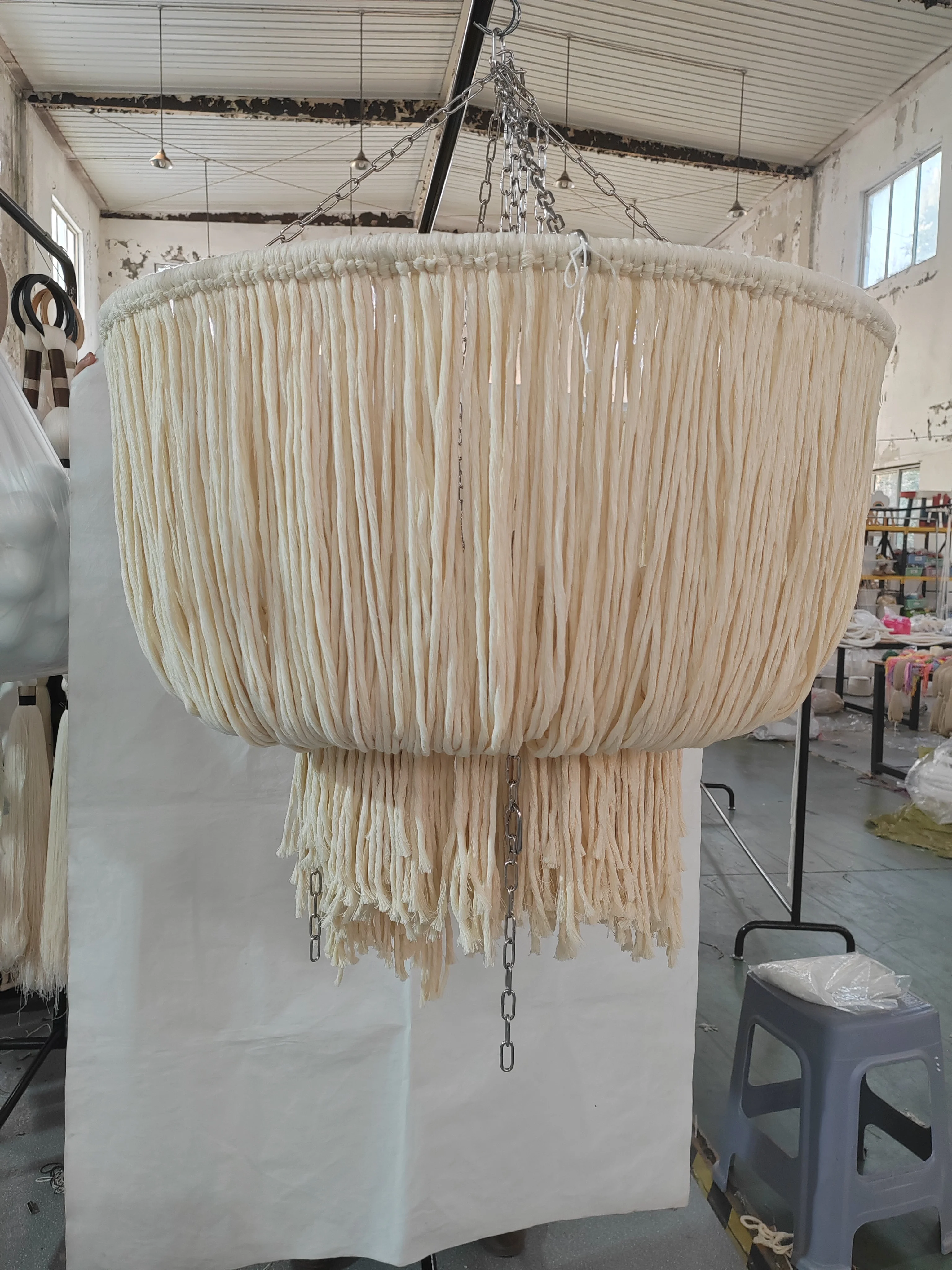 #￥Handmade Art Deco Rectangle Double-Layer Cotton Macrame Tassel Chandelier Shade Wabi-Sabi Texture Casting Soft Warm Light for