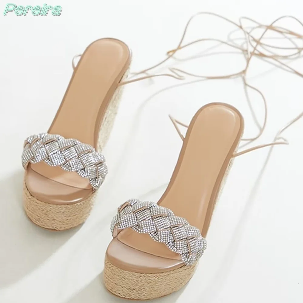 Pereira Lace Up Sandals Open Toe Plait Wedge Platform One Strap Silver Stone Detailing Thick Heels Diamante Summer Women Sandals