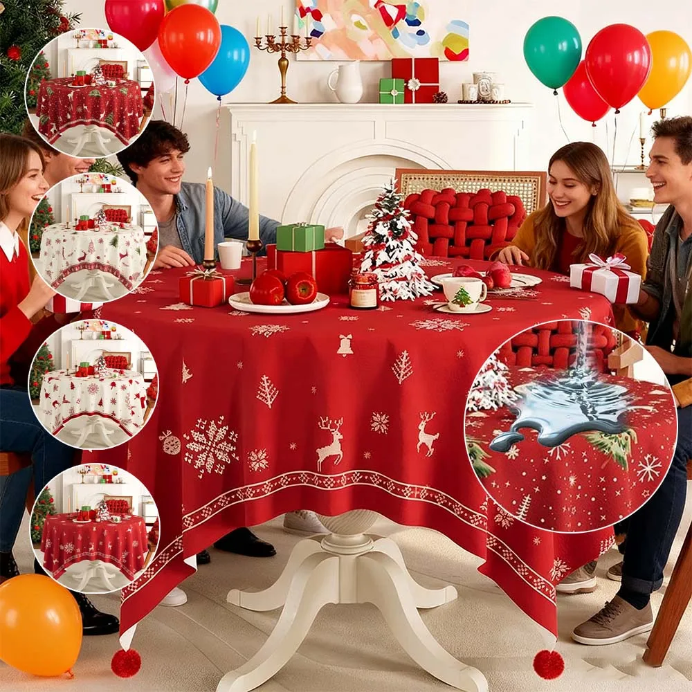 Round Christmas Waterproof Tablecloth Xmas Tree Elk Snowflake Table Cover for Home New Year Decor 2026 Noël Скатертина На Стіл