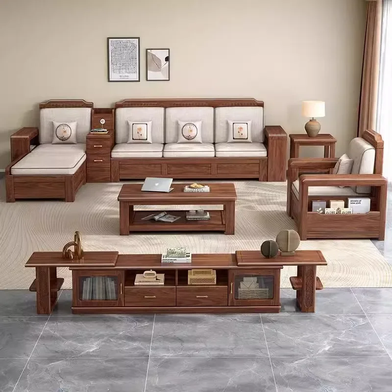 Modern Solid Wood Walnut Sofa Small Living Room Apartment Winter Summer Dual Purpose Storage