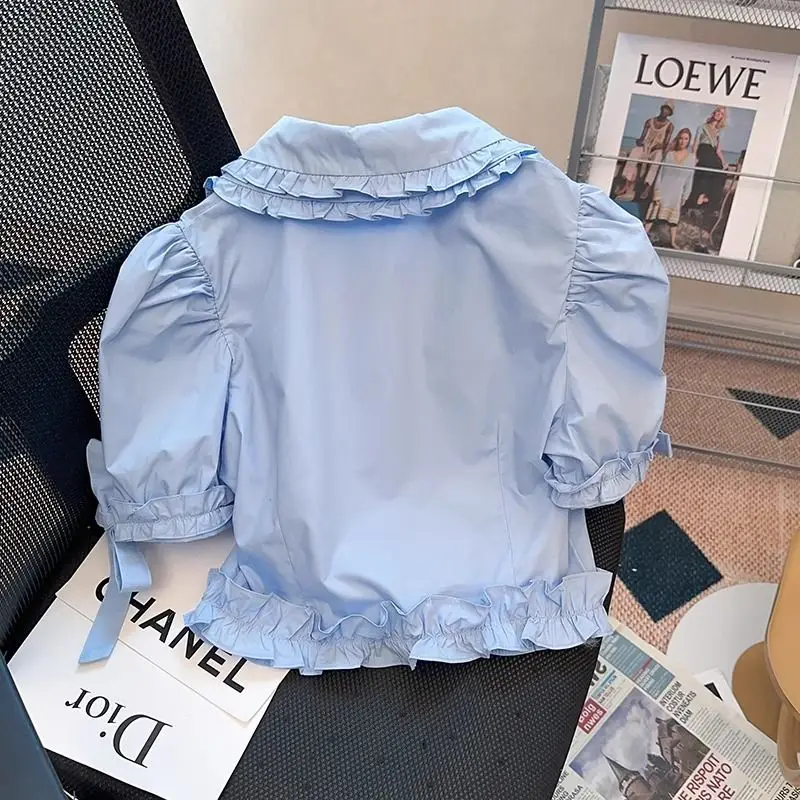 Doll Neck Bubble Sleeved Shirt Short Women\'s Summer Thin Waist French Sweet  Blue Top Blouse  Blusas Mujer Shirts