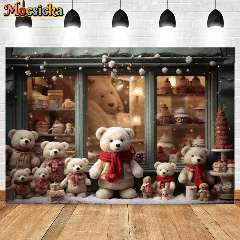 Mocsicka ฉากหลังสำหรับถ่ายภาพในฤดูหนาว, หน้าต่างคริสต์มาสร้านซานต้ารูปหมีสำหรับเด็กครอบครัวปาร์ตี้ฉากหลังสตูดิโอถ่ายภาพ