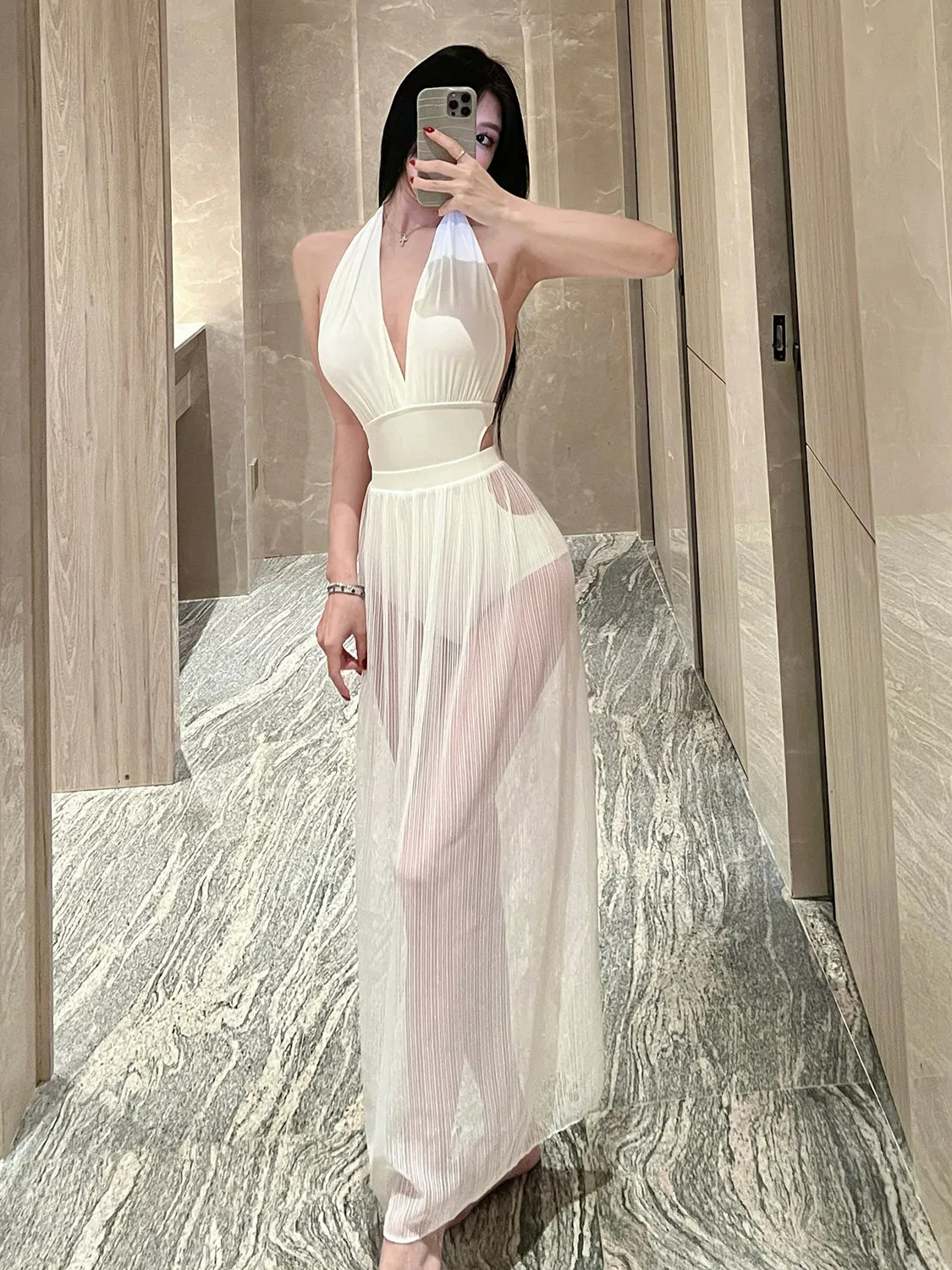 ホワイト-ストラップレス-ワンピース水着-レディース-ツーピースセット-セクシー-フェアリースタイル-バックレス-高級感-温泉-水泳に最適