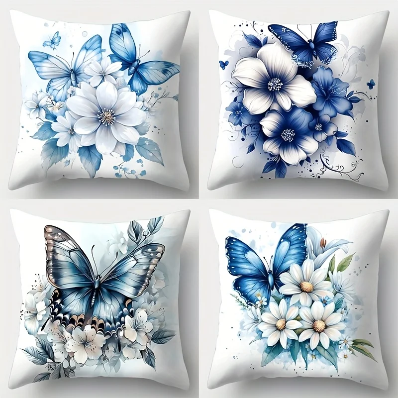 Juego  4 piezas, funda para cojín  sofá, funda con mariposa azul, 44.96 cm * 44.96 cm, impresión por un lado, coración l