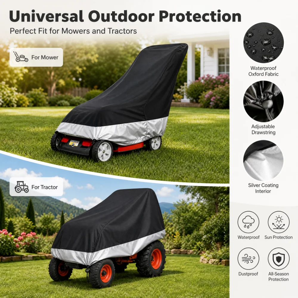 210D Outdoor Lawn Mower Cover Polyester Oxford Cloth Waterproof UV Protection Universal With Drawstring Black