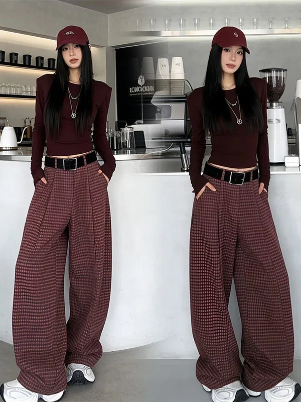 

Retro Trendy Women's Winter Slim Fit Faux Fur Plaid Wide Leg Pants Two Piece Set Casual Style High Waist Polyester Fiber