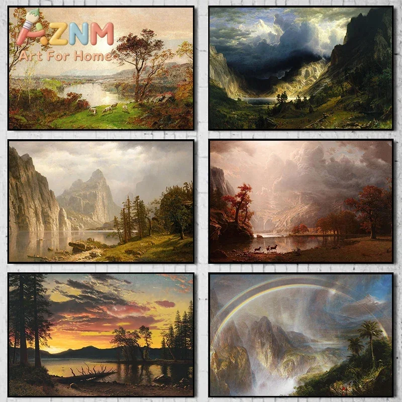 Retro European Artist Rural Waterfall Forest landscape Works Exhibition Poster Canvas Paintings Wall Art Pictures Home Decor