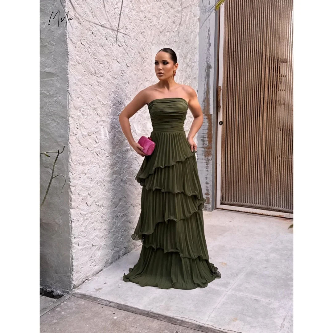 

Mila Olive Green Strapless Pleated Layered Prom Dresses Customized Formal Evening Gown vestidos de gala For Women Wedding 2026