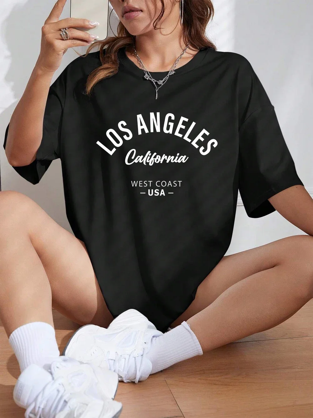 لوس أنجلوس كاليفورنيا الولايات المتحدة الأمريكية الطباعة تي شيرت المرأة الصيف القطن قصير الأكمام تيز فضفاضة س الرقبة مريحة بلايز ملابس كاجوال #1