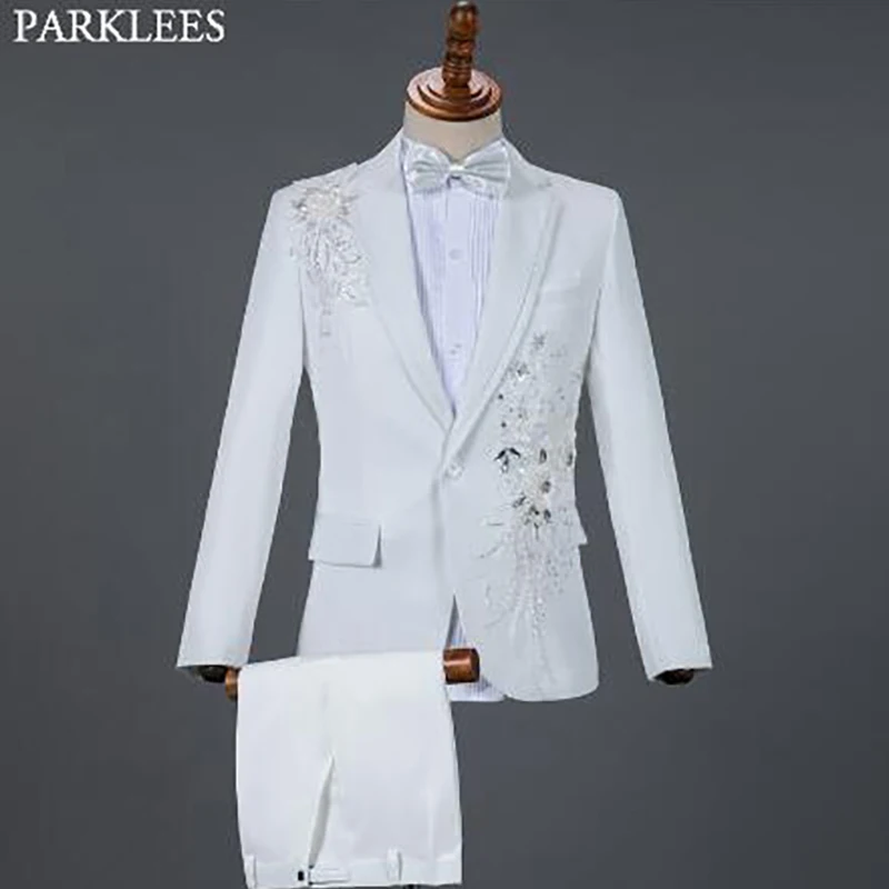 White Embroidered Diamond Suit Men Wedding Groom Tuxedo Suits Mens Stand Collar Prom Stage Costume Mens Suits with Pants Ternos