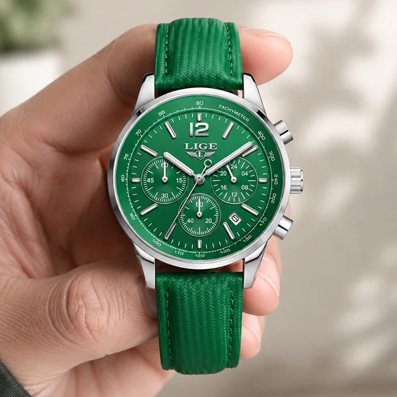 LIGE Men's Quartz Wristwatches Fashion Business Green Leather Watch for Men Outdoor Sports Waterproof Chronograph Reloj Hombre