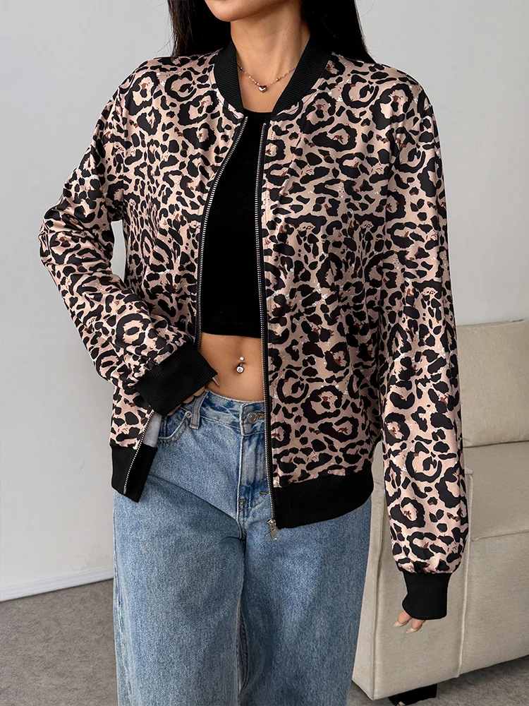 خريف جديد المرأة بلايز معطف الشارع الشهير موضة طويلة الأكمام ليوبارد طباعة سحابات هوديي عادية سليم الإناث تنوعا الملابس