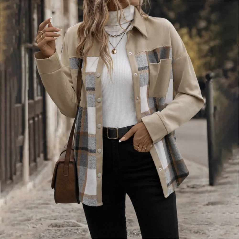 Women's Clothing Casual Office Outerwears Retro Lapel Pocket Plaid Shirt Jacket All-match Loose Simple Style Temperament Trendy