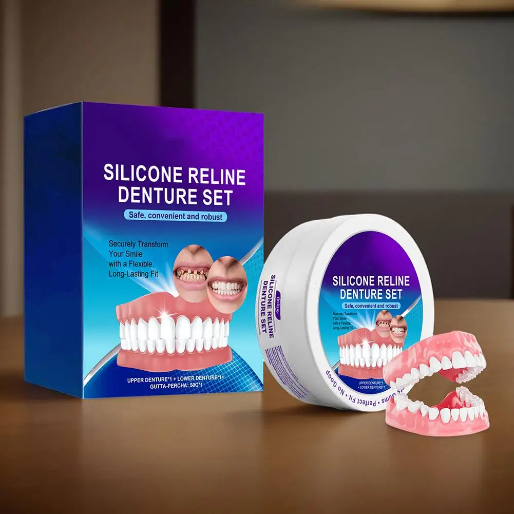 Teeth Silicone Reline Denture Set Comfortable Fit Silicone Tooth Fit Denture Smile Tooth Adjustable Long-lasting Dentures Teeth