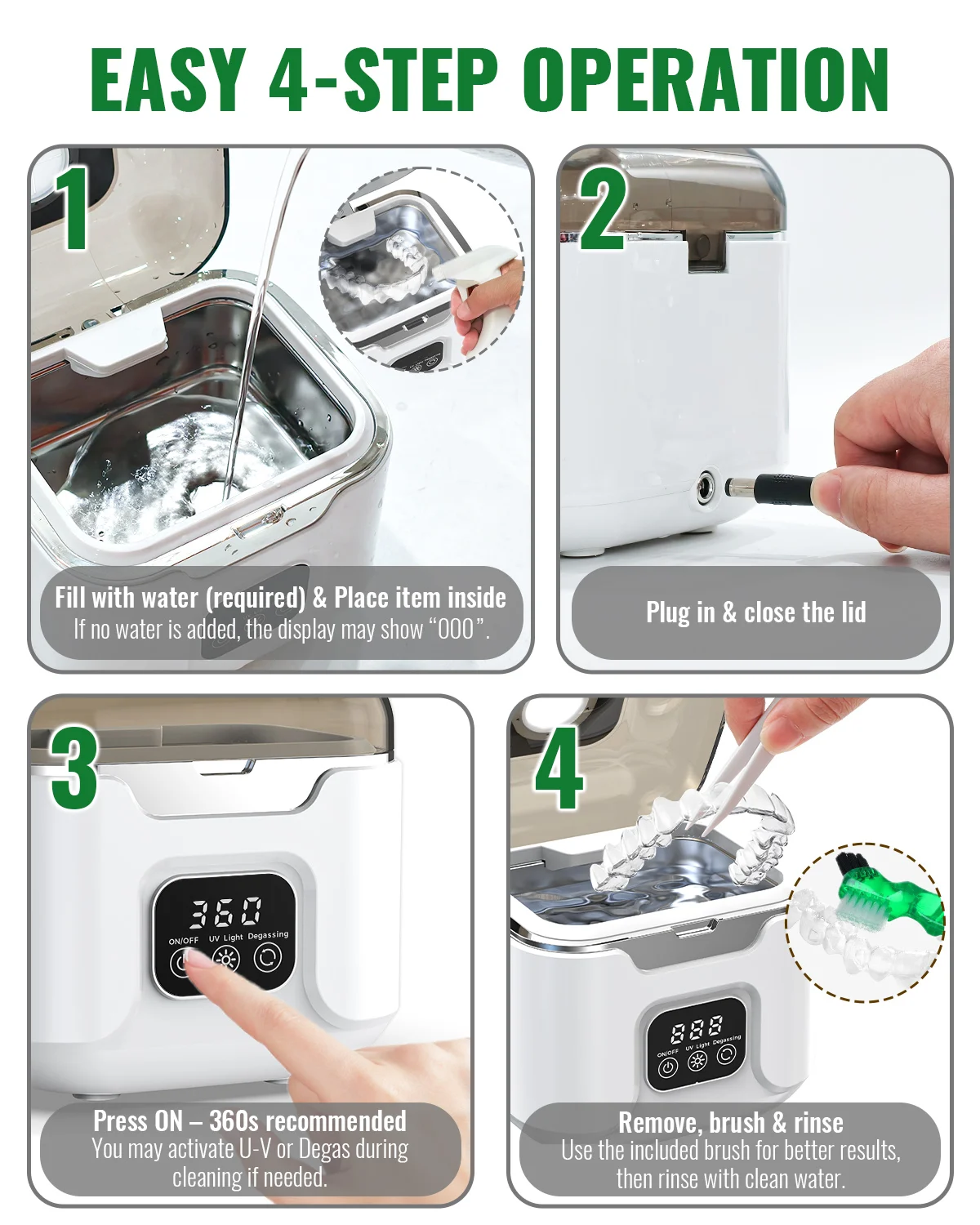 Ultraschall-Reinigungsgerät für Zahnspangen, tragbar, 48 kHz, mit Timer, für Zahnspangen, Aligner, Schmuck und Make-up-Tools – Detail 5