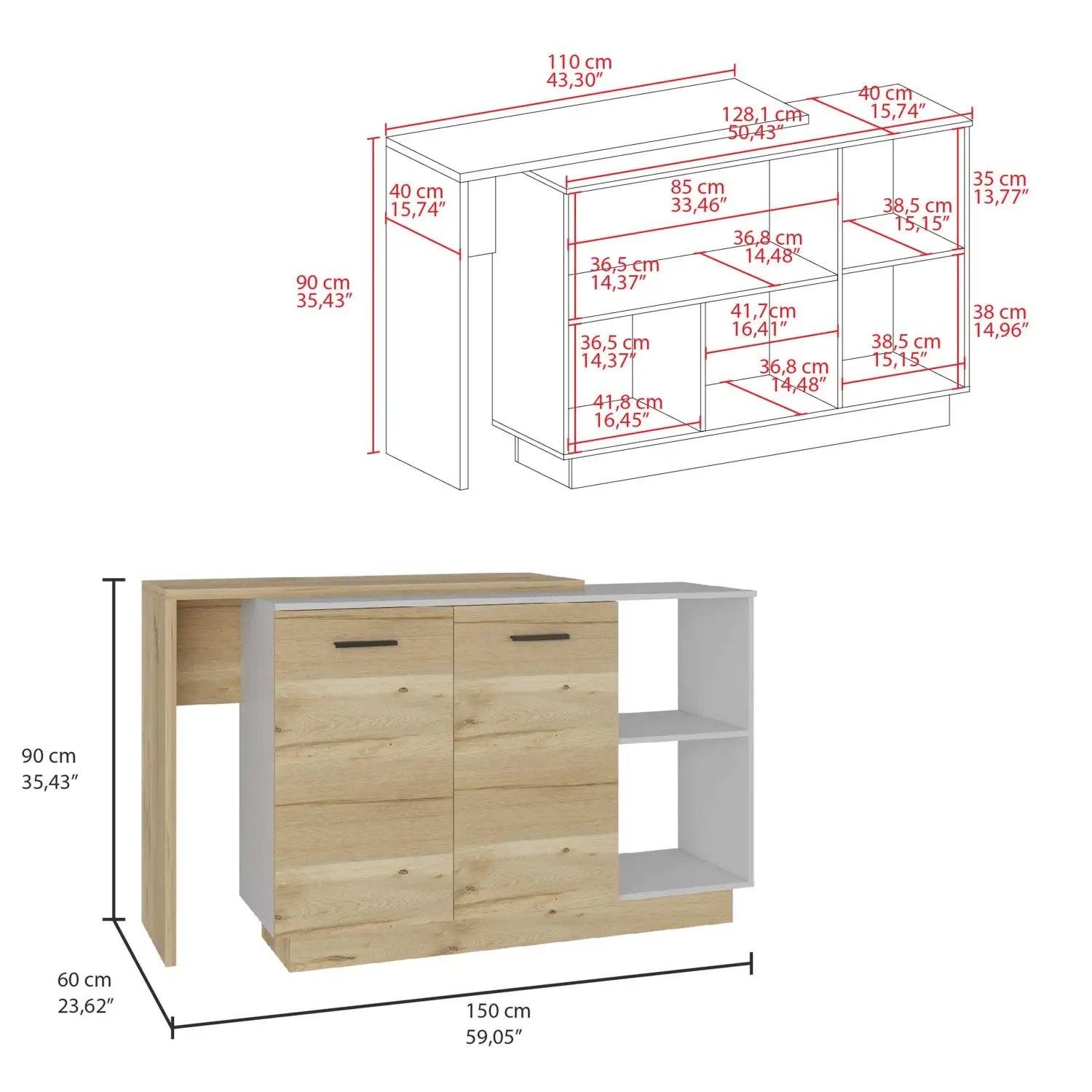 Sicilia Kitchen Island, Two  External Shelves, Double Door Cabinets, Three Shelves White / Light Oak