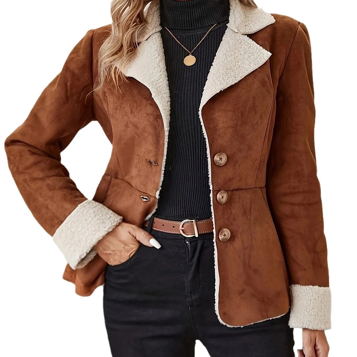 

Autumn Winter New Casual Cold Proof Warm Leather Sheepskin One Piece Turn Down Collar Jacket Suede