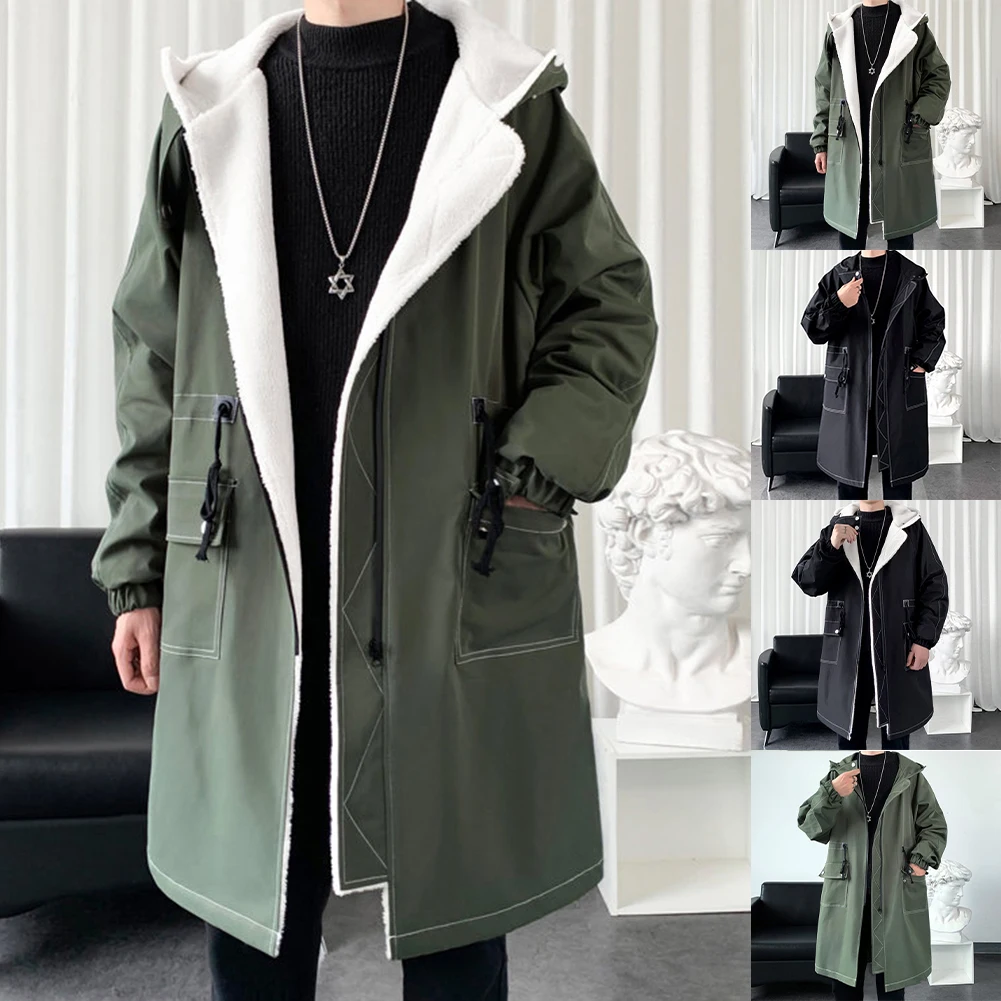 

Men's Casual Hooded Coat Thick Fleece-Lined Trench Jacket with Waist Shaping Parka Cardigan for Spring Autumn Use