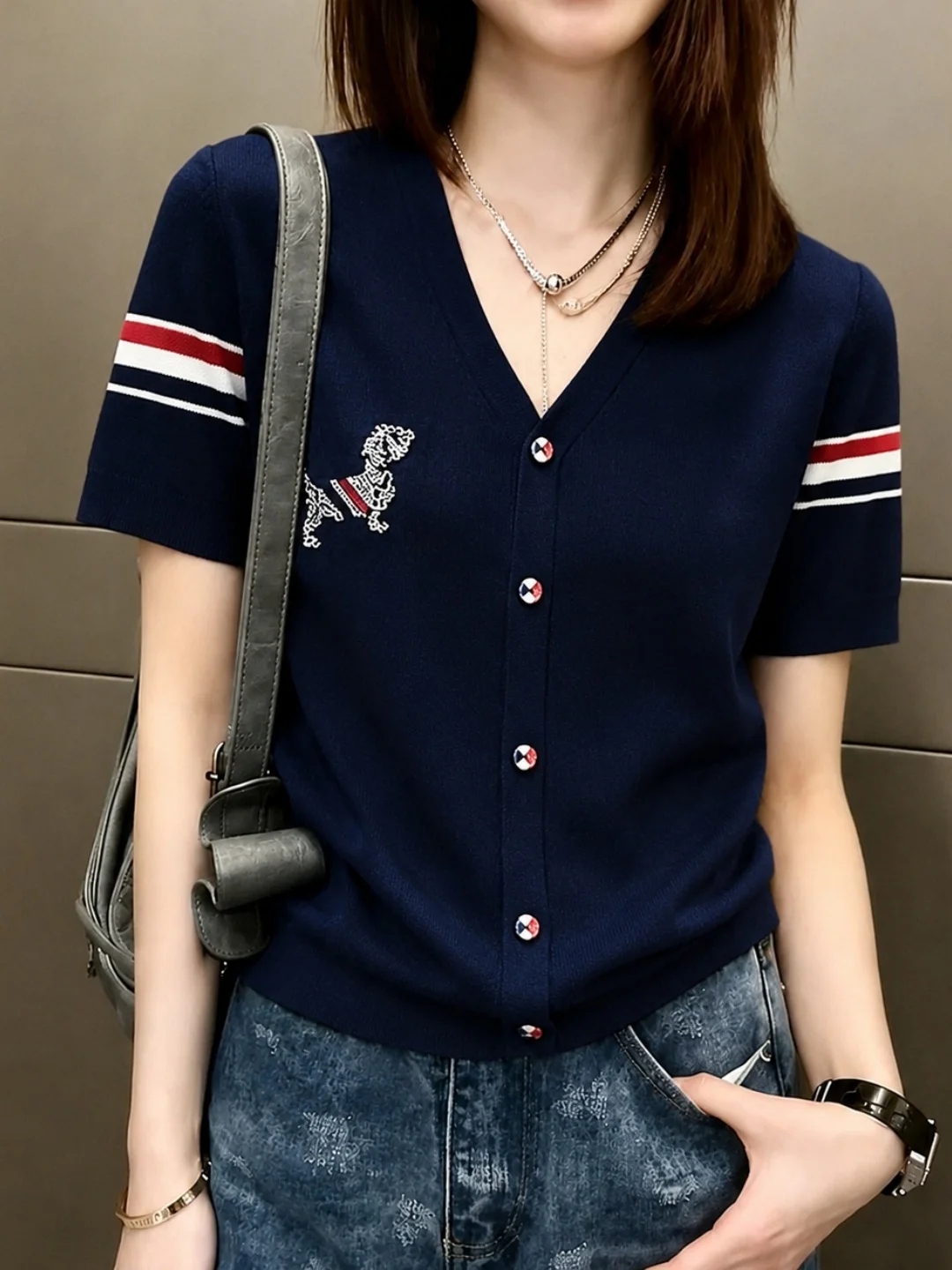 Elegant Lazy Summer Ice Silk Knitted Short Sleeve Embroidered Color Block Design Open Cardigan Versatile Top for Women