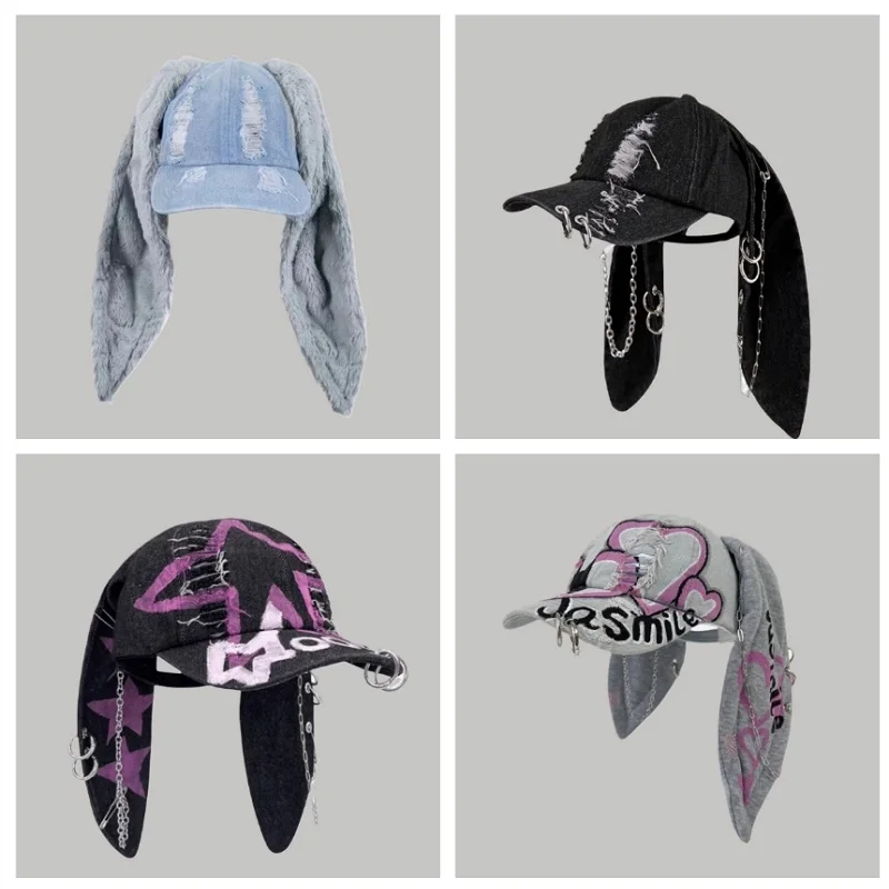 Dark Punk Rabbit Ears Peaked Hat Denim Hole Baseball Cap Women's Trendy Chain Hip-Hop Personalized Abby Style