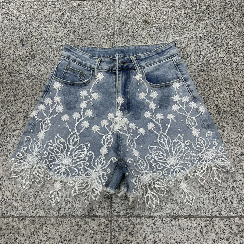 Women Flower Beads Sequin Denim Shorts Embroidery Mesh Hem Chic High Waist Washed Blue Wide Leg Hot Pants Fashion Jeans Shorts