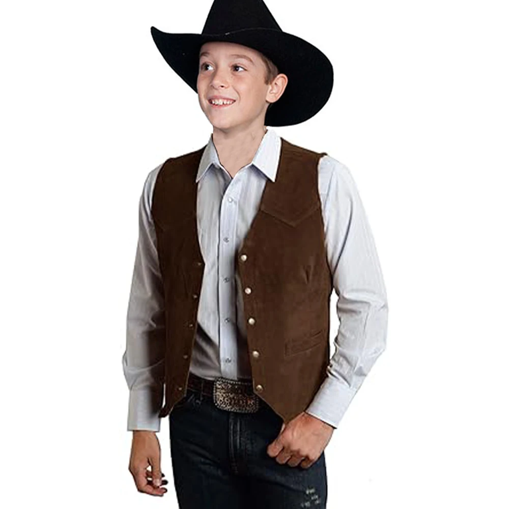 Gilet per bambini in pelle scamosciata West Cowboy gilet senza colletto ragazzi giacca senza maniche Steampunk Retro abbigliamento per bambini spettacolo di danza