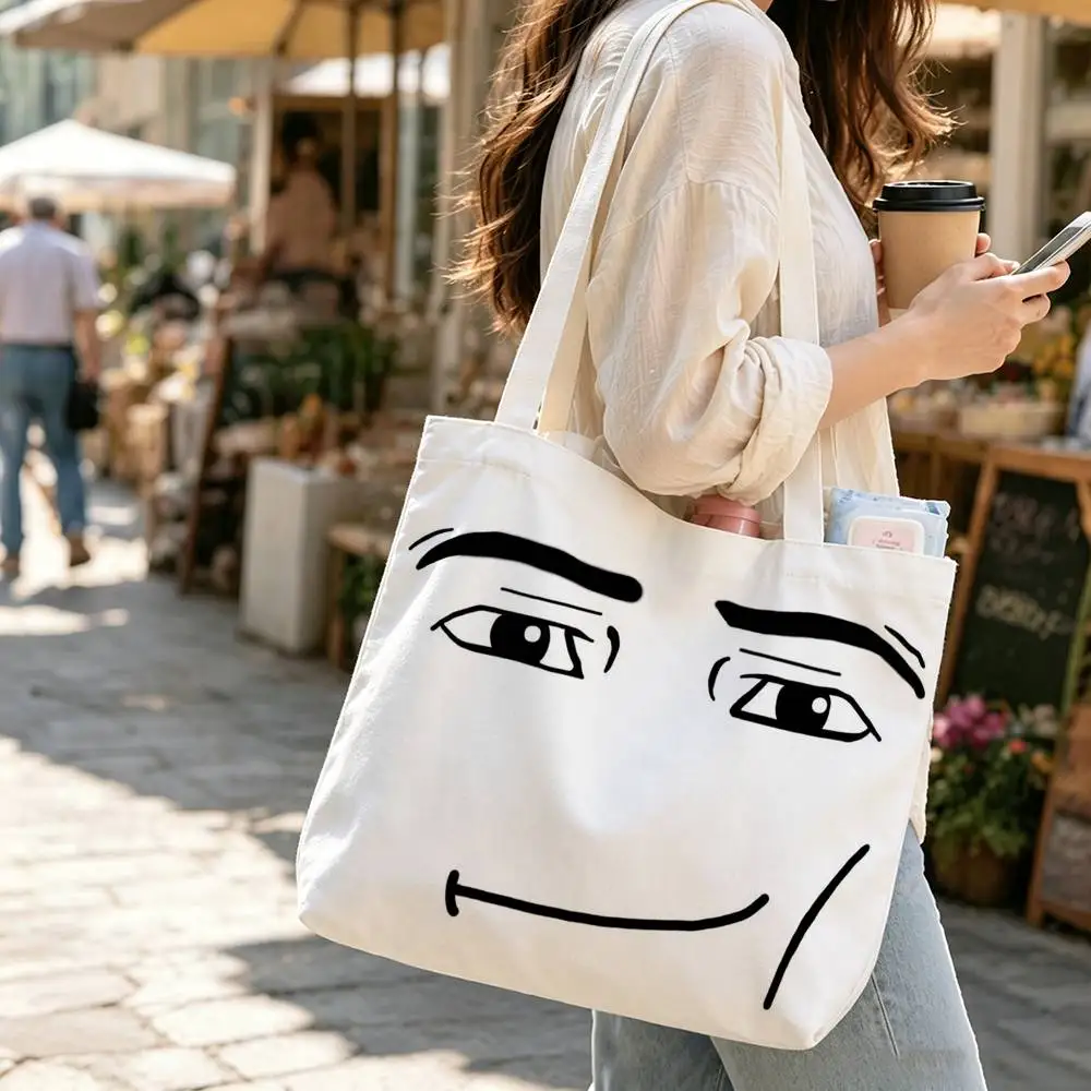 Creative Funny Man Face Large Capacity Cotton Polyester Shoulder Tote Bag, Cute Zipper Handbag for Shopping Travel Daily Use