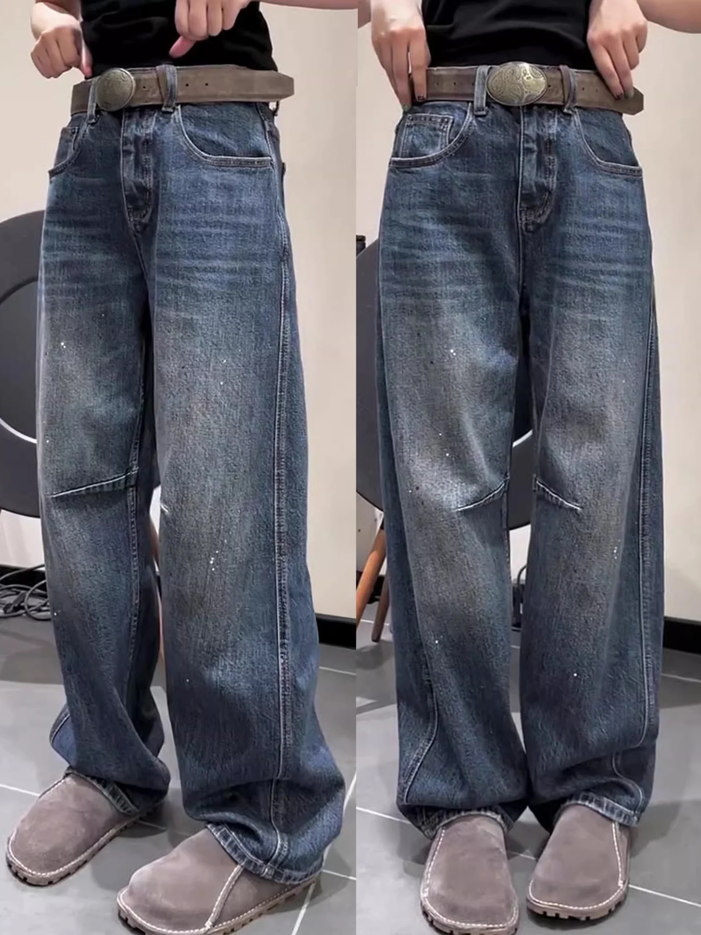 

Blue High Waist Knife Denim Jeans Women's Wide Leg Pants Loose Slimming ort plus Size Pear aped Casual Vintage