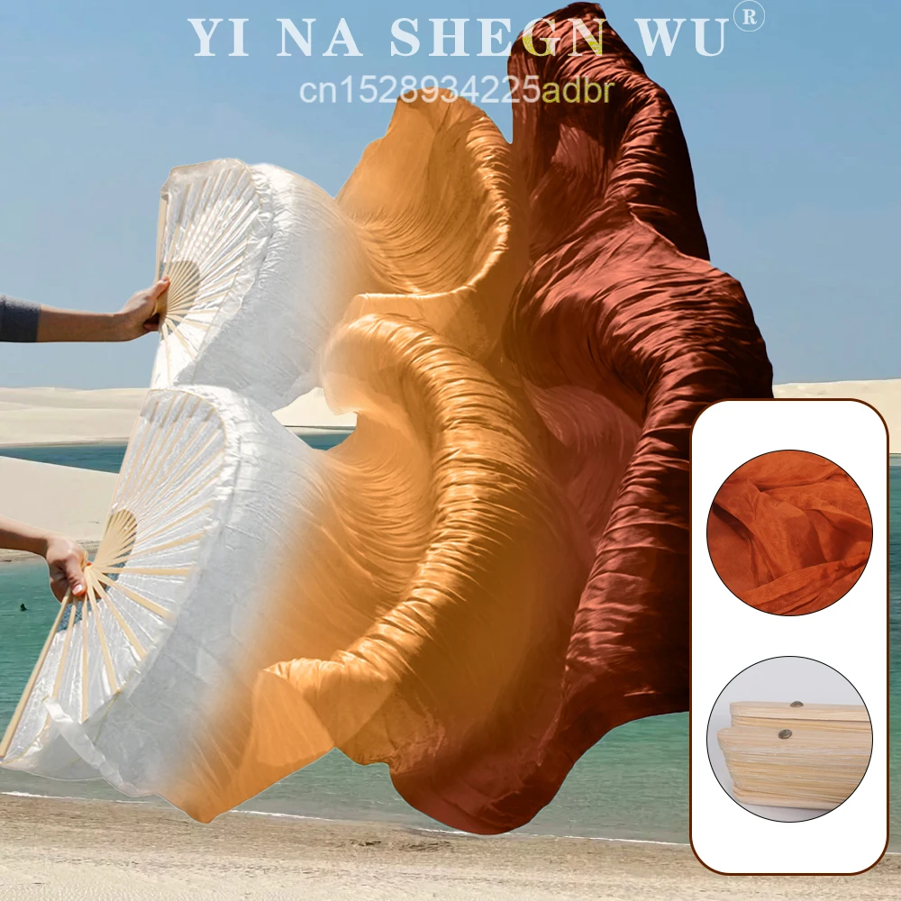 100% Silk Belly Dance Silk Veil Long Fan Hand Dye Women Church Praise Bellydance Competition Props Light Welight Flowy 1PC/1Pair