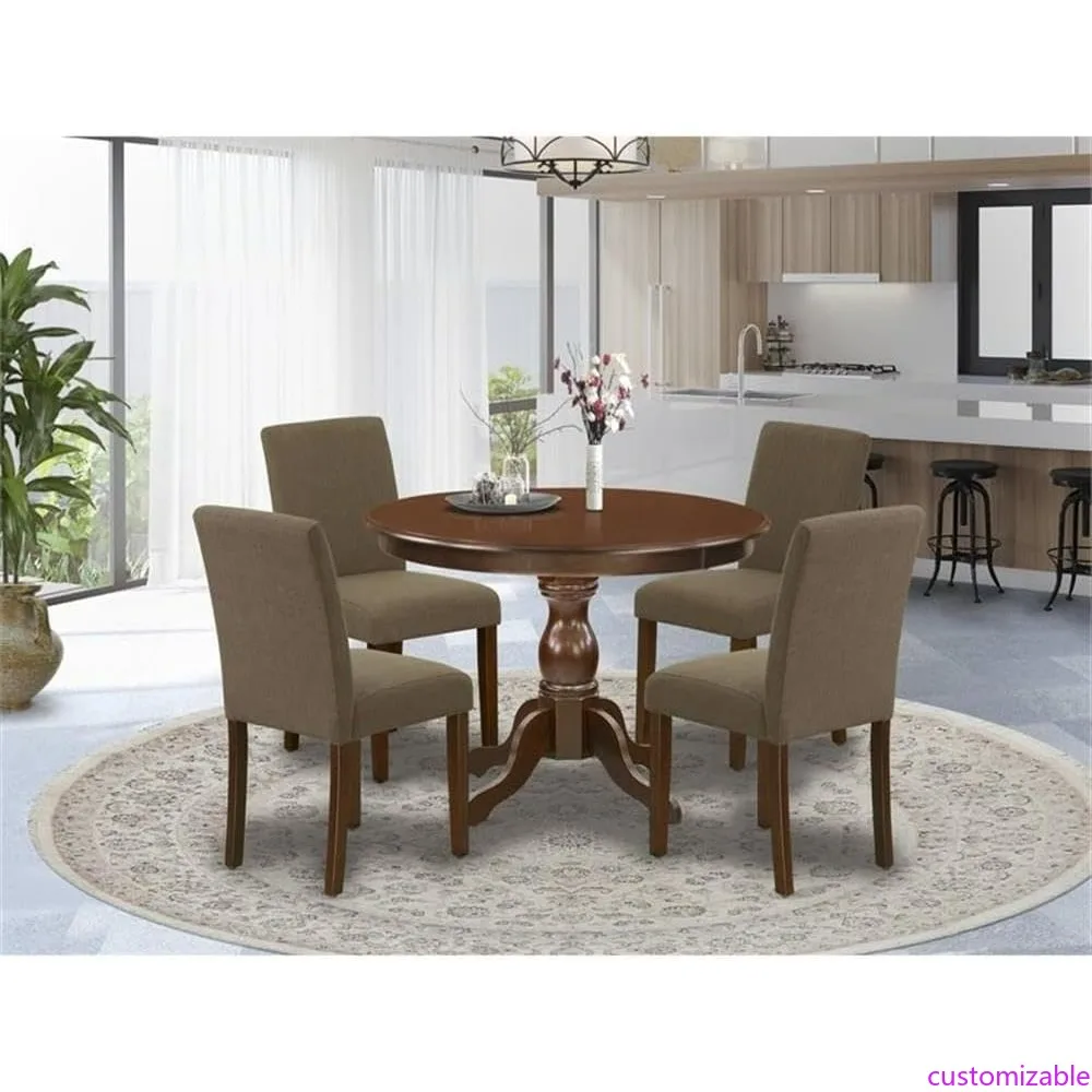 5-Piece Dining Set with Round Pedestal Table and Four Coffee Linen Chairs