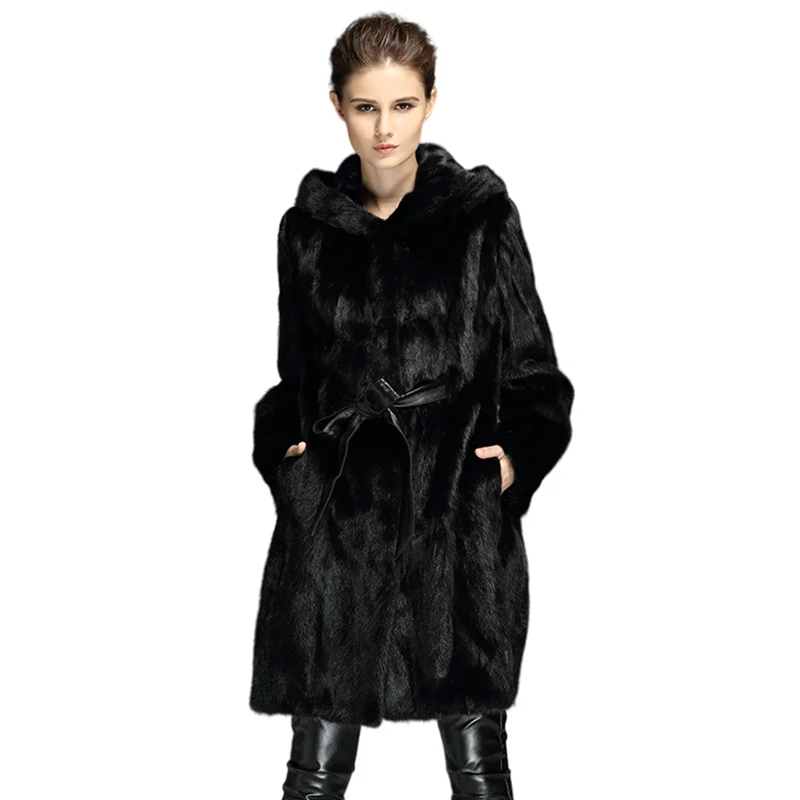 HQ New winter warm mink coat female natural real mink black hat cap waist long section fashion casual coat custom