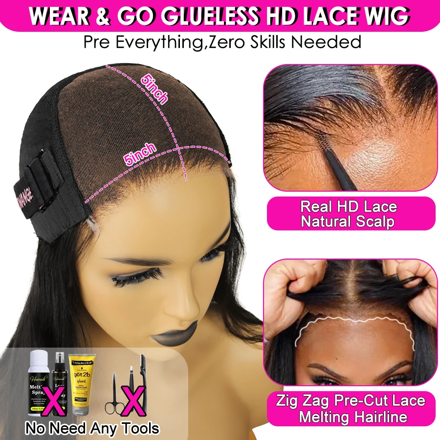 Wow Angel Pre Cut Glueless Wigs Ready To Wear 5x5 HD Lace Closure Wigs Human Hair Wigs Straight PrePlucked Melt Skins For Women