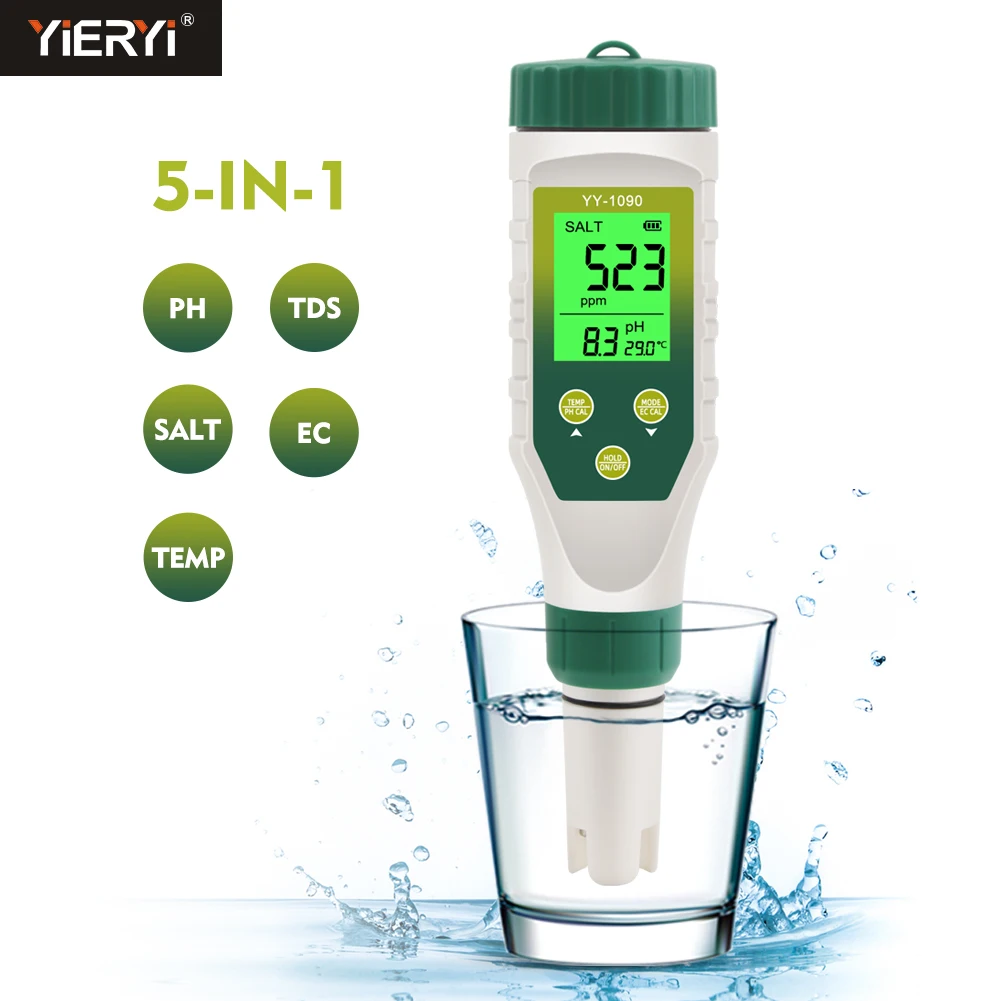 Yieryi Digital PH Meter Salinity TDS EC Temp Salt Water Tester 5-in-1 LCD Dual Display Salimeter for Aquariums Hydroponic Pool