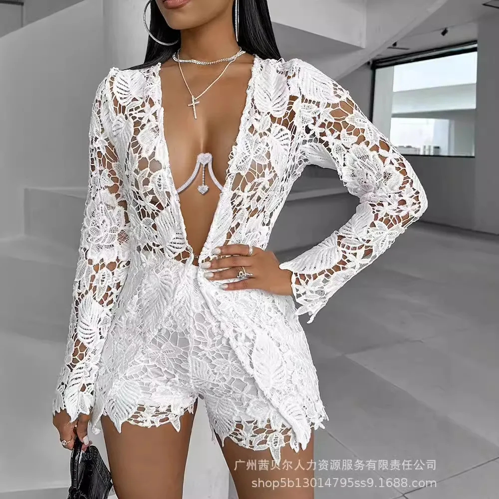 

Women Sexy Short Sets Hollow Out Top Lace Spliced Full Sleeve Cardigan Solid Elegant Slim Fit Shirts High Street Summer 2026