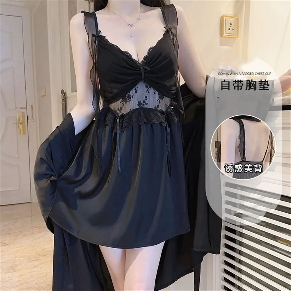 

Elegant Female Twinset Robe Set Patchwork Lace Nightgown Silky Rayon Kimono Bathrobe Gown Sexy Home Dress Loungewear Lingerie