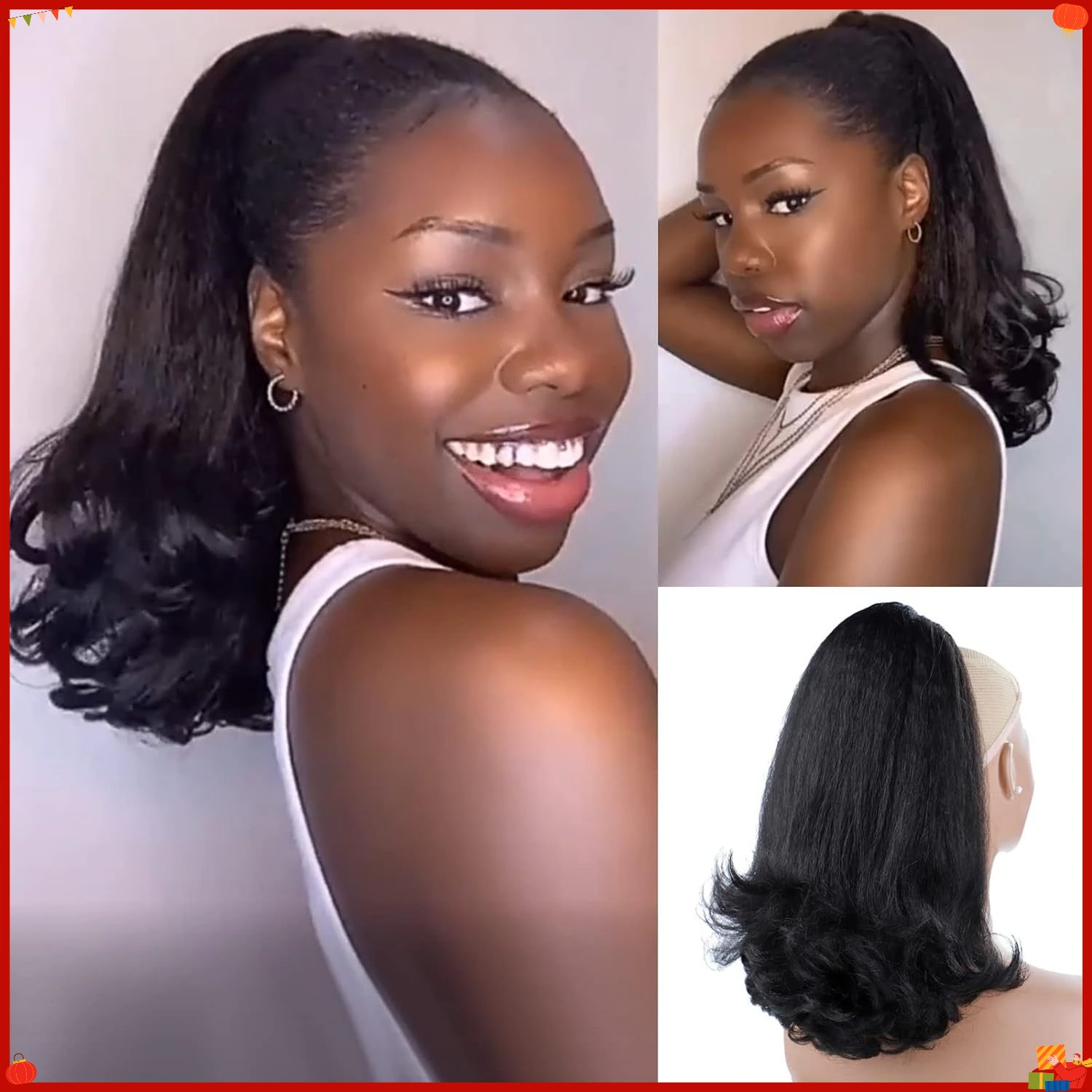 synthetic-yaki-drawstring-ponytail-wig-black-fluffy-curly-corn-wave-16-inch-voluminous-hairpiece-for-daily-cosplay-party-fashion