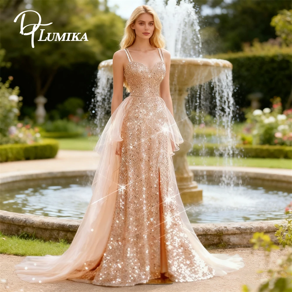 

DTLumika Champagne Gold Sequined Maxi Dresses for Women Spaghetti Dtraps Sheath Long Evening Party Dresses Wedding Guest Gowns