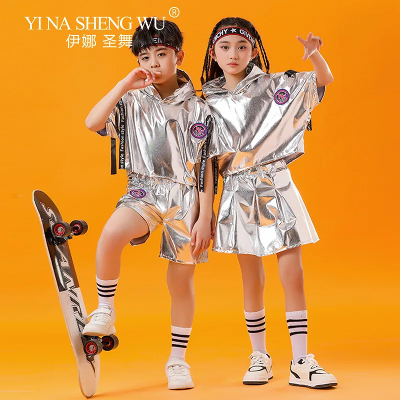 Children's Hip Hop Jazz Dance Silver Jacket Shorts Set Boys and Girls Hip-hop Trend Cool Street Dance Performance Costume
