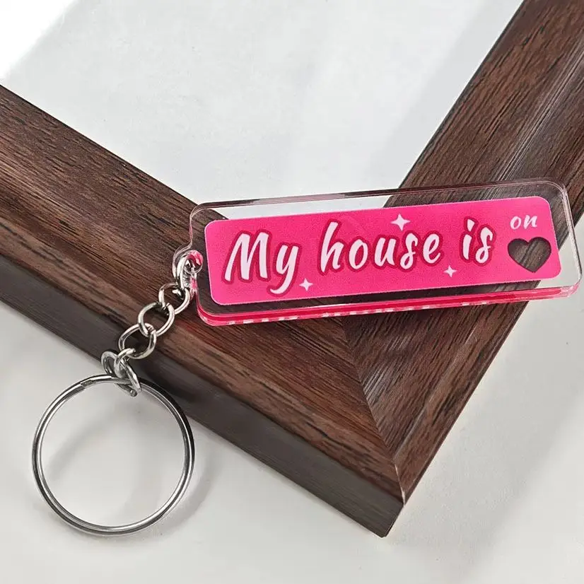 Pink Quote Keychain My House Is On Pretty Girl Avenue Double Sided Acrylic Key Ring Sparkle Heart Backpack Purse Charm