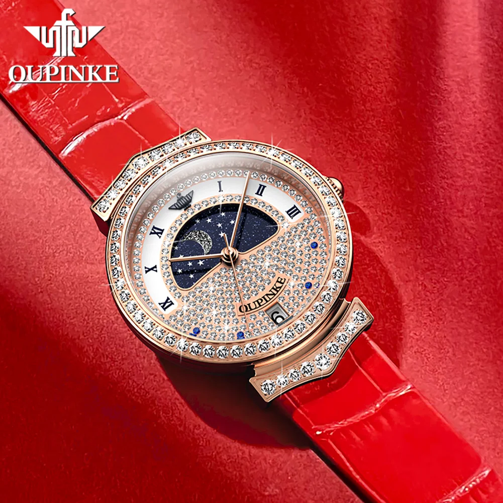 OUPINKE 3216 Original Import Swiss Movement Quartz Watch for Women Luxury Fully Diamond Starry Sky Moon Phase Ladies Wristwatch