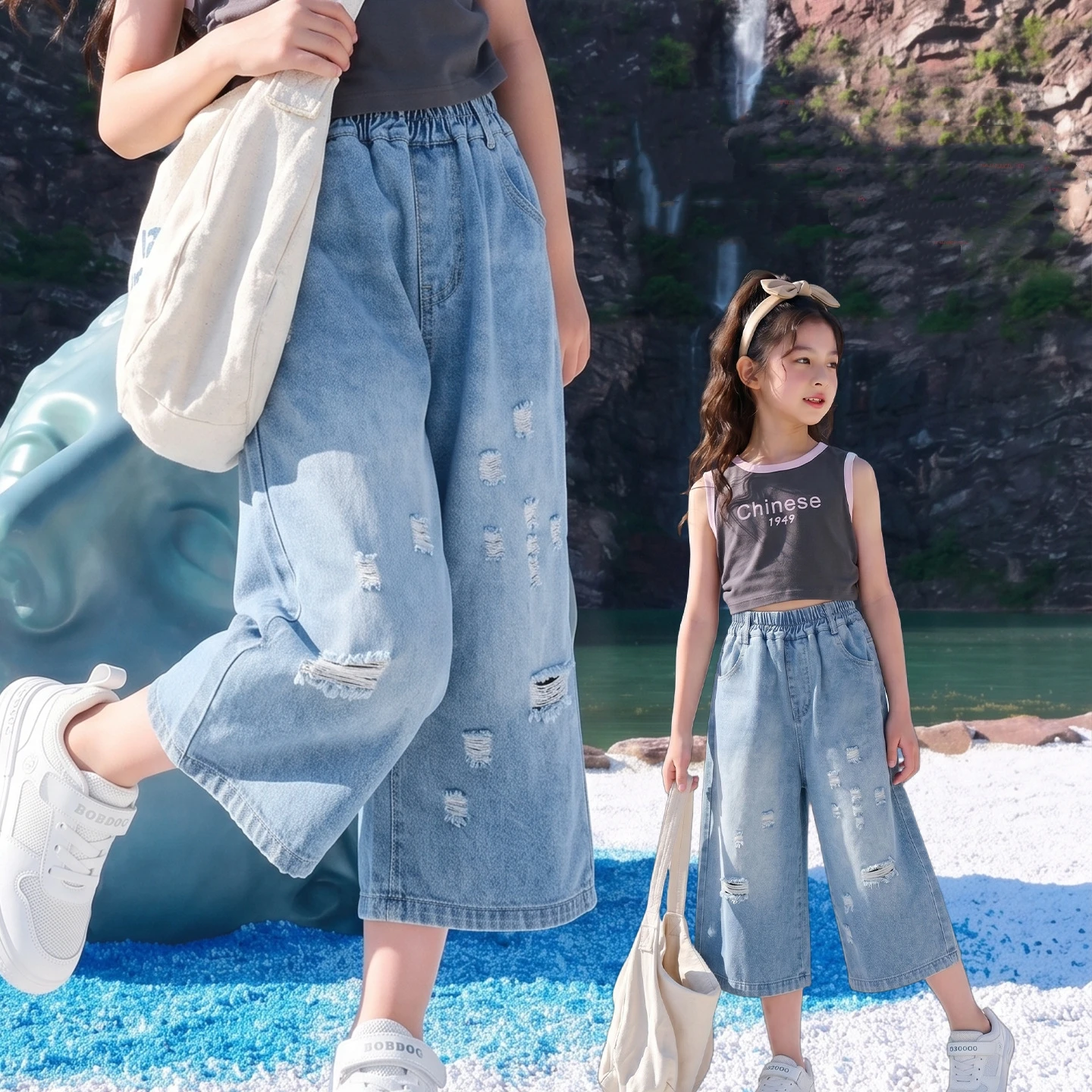 Girls' ripped hole jeans 2026 summer new teenage kids casual denim pants Girls' fashionable capris pants for 4-14 years