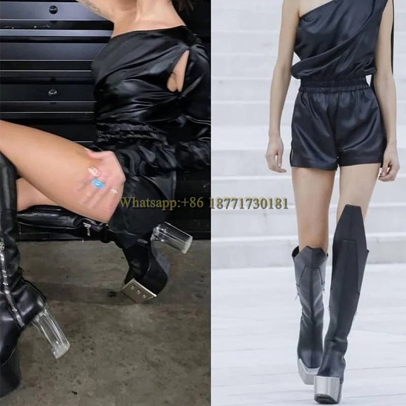 Metal Toe Transparent Heel Knee Boots Rider Boots Women's Shoes High Heel Round Toe Side Zipper Tall Boots Spring Autumn Winte