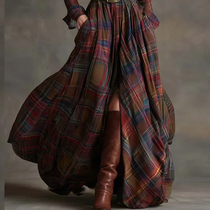 フレンチレトロな格子柄プリントスリットロングドレス女性エレガントなターンダウンカラーボタンマキシドレス秋長袖ポケットボヘミアンドレス